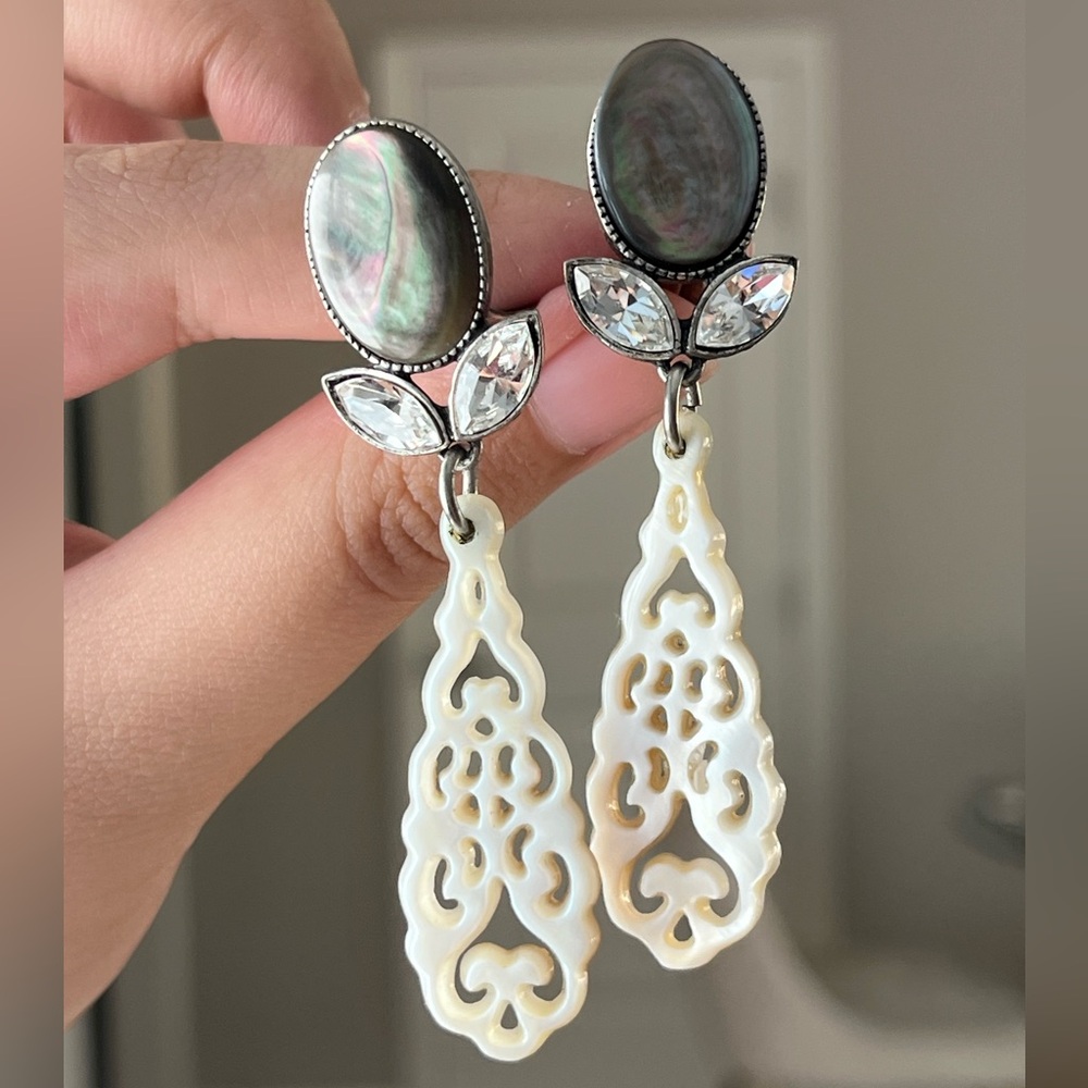 Vintage Philippe Ferrandis Black Mother Of Pearl Engraved Hollow Dangle Earrings